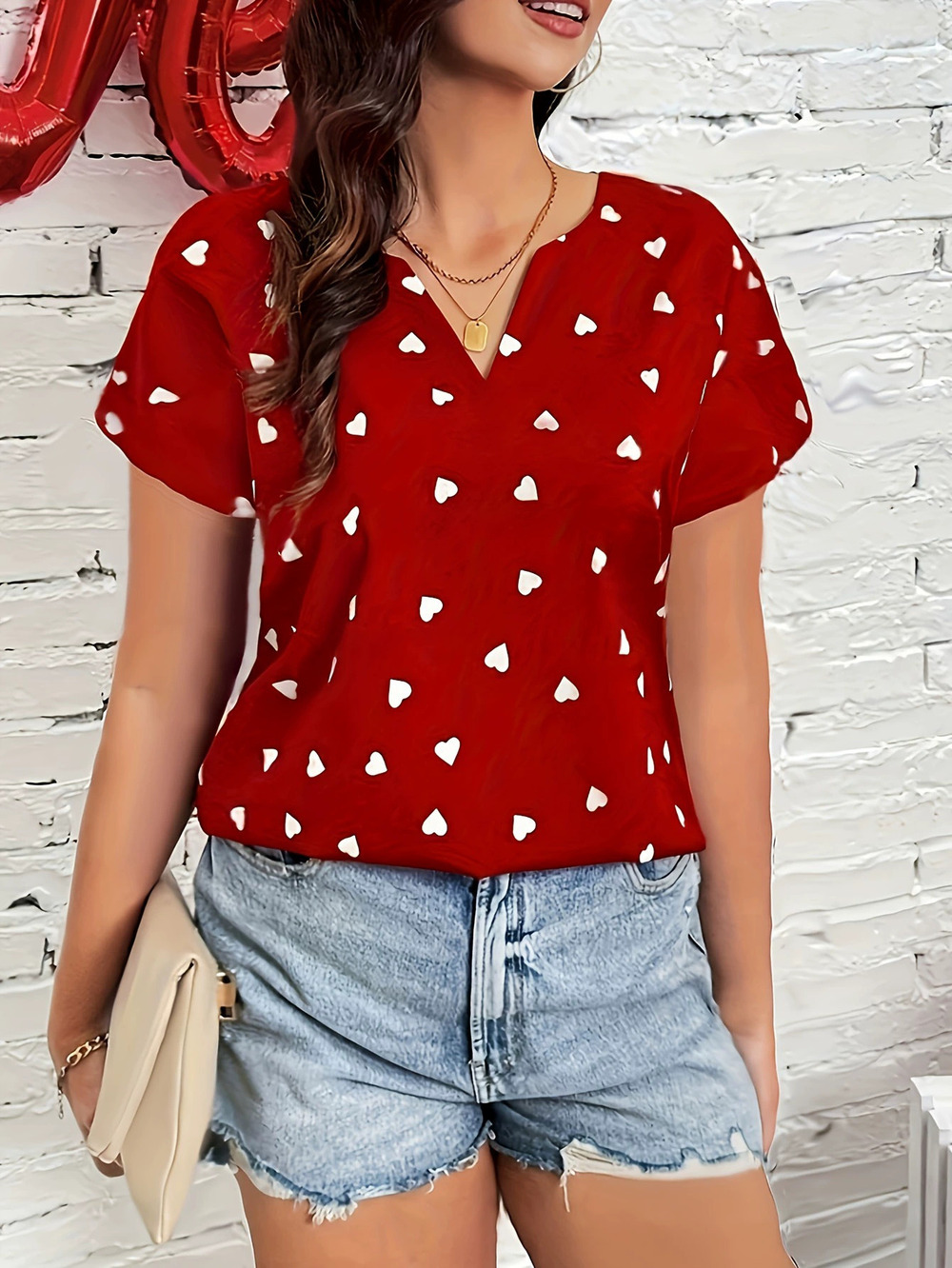 ZARA Womens Loose Fit Summer Short Sleeve Heart Print Shirt